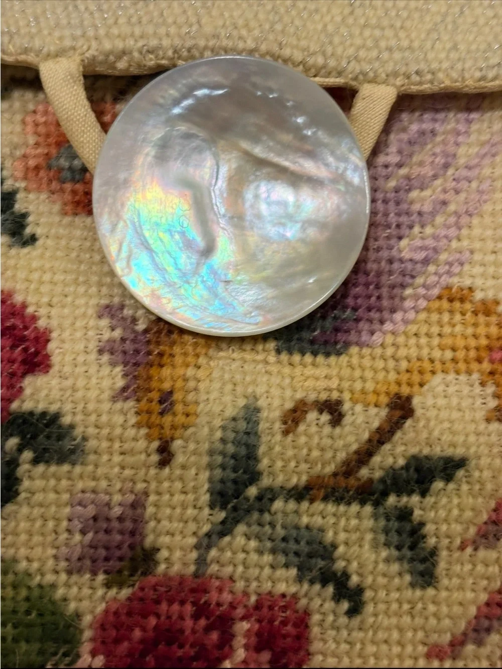 1920’s-30’s Needle Point Floral Clutch with Large Abalone Pearl Saucer Closure